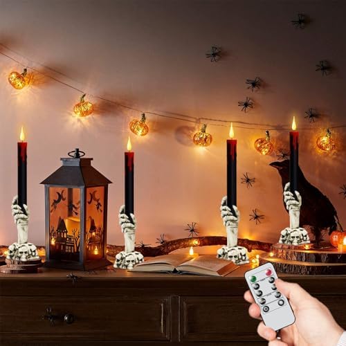 GenSwin Halloween Black Flameless Candles with Remote Timer and Ghost Hand Candlesticks