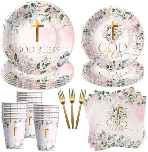 God Bless Baptism Tableware Set for Girl - 24pcs Communion Plates and Cups