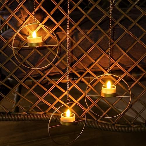 Solar Lanterns Outdoor Hanging Set of 3 Golden Metal Candles
