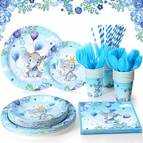 Spakon 200 Pcs Baby Shower Paper Plates Cups Napkins Straws Tableware Set