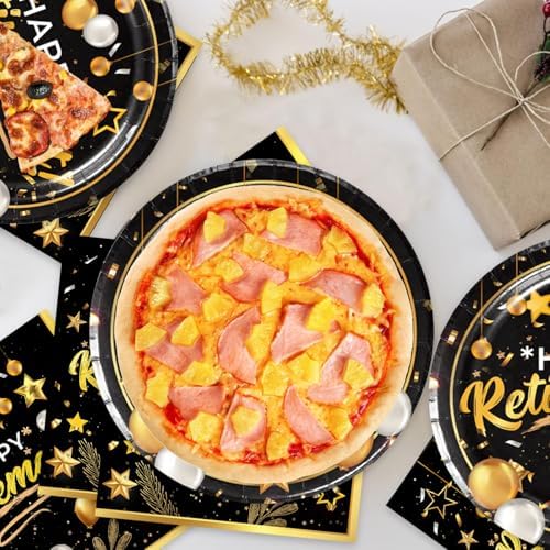 40pcs Retirement Party Tableware Set with Black and Gold Plates and Napkins