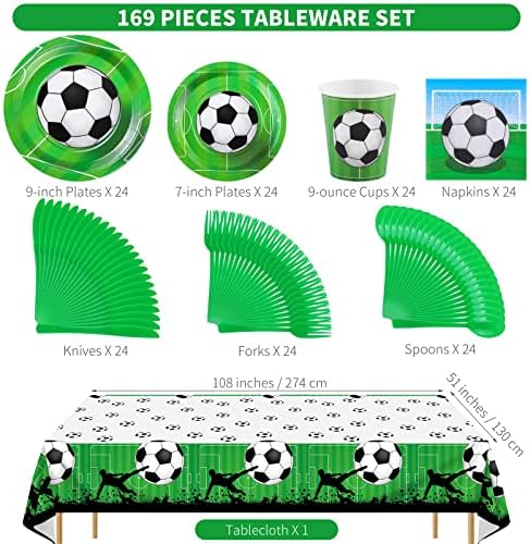 ADXCO 169 Piece Soccer Party Tableware Set for 24 Guests