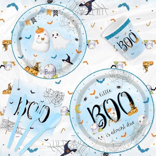 Halloween Little Boo Baby Shower Decorations Blue Tableware Set 169Pcs