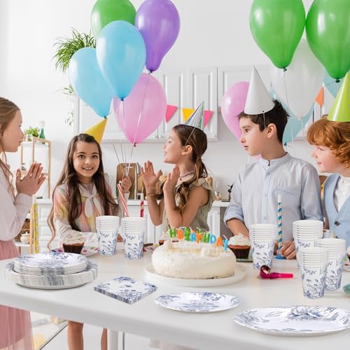 Kochorie 96 Piece Blue and White Floral Disposable Party Plates