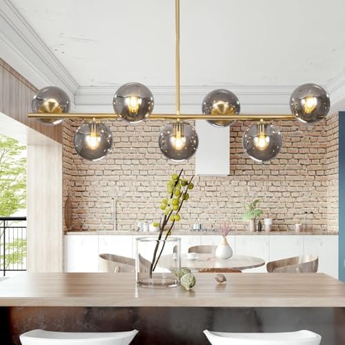 Mid Century Modern 7-Light Brass Chandelier with Globe Shades