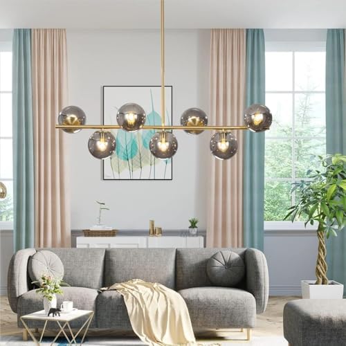 Mid Century Modern 7-Light Brass Chandelier with Globe Shades
