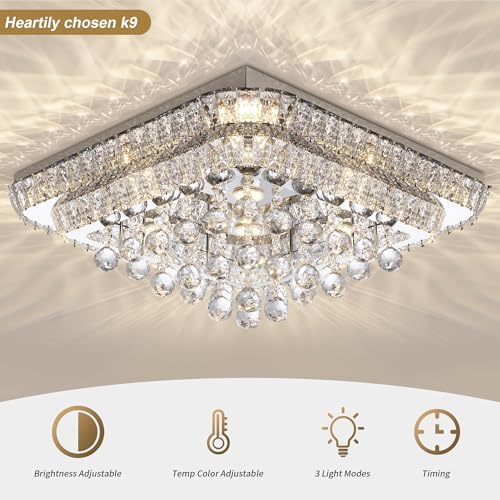 24 Inch Crystal Flush Mount Ceiling Light with Remote Control