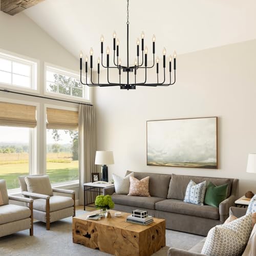 Black Industrial Metal Chandeliers 18-Lights 2-Tier Farmhouse Dining Room Light Fixture