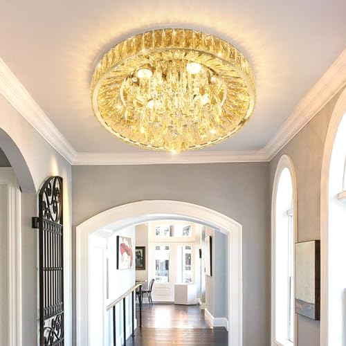 Modern Crystal Chandelier with Dimmable LED Light Remote Control Flush Mount Ceiling Light