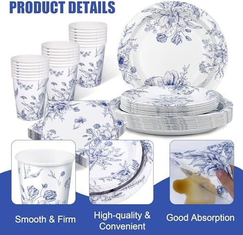 Kochorie 96 Piece Blue and White Floral Disposable Party Plates
