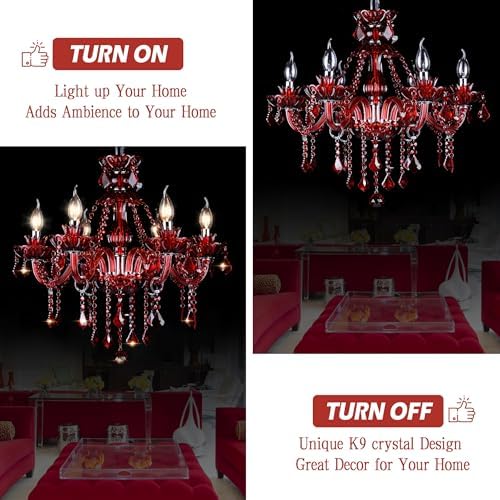 Red 6 Lights Crystal Chandelier with E12 Base