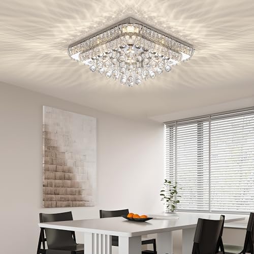 24 Inch Crystal Flush Mount Ceiling Light with Remote Control