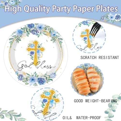 48PCS God Bless Baptism Party Blue Floral Plates