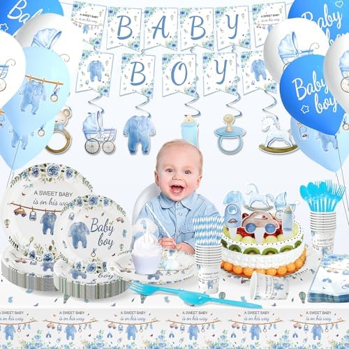 Baby Shower Plates Cups Napkins Set 50 Pack Blue Greenery