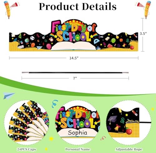 SICOHOME First Day of School Paper Crowns 24pcs Adjustable Hats for Kids