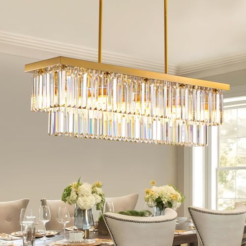 Siljoy 10 Lights Gold Rectangular Chandelier 2 Tiers Crystal Flush Mount Ceiling Light