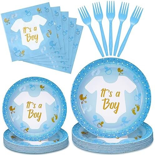 Tanlade 122 Pcs Boy Baby Shower Plates Napkins Forks Set