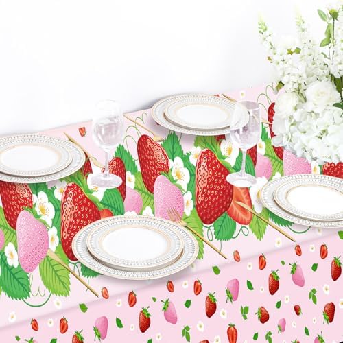 3 Pcs Strawberry Tablecloth Birthday Banner Party Supplies