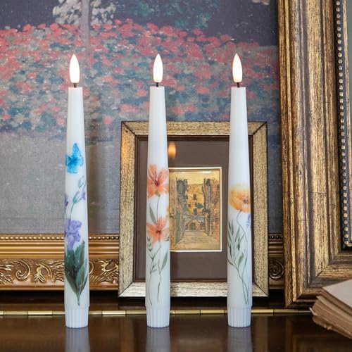 AFINETH Spring Flameless Taper Candles with Flowers 3 Pack LED Candles with Remote