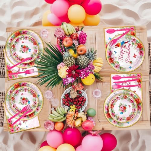 Avezano 168 pcs Tropical Birthday Plates and Napkins Set