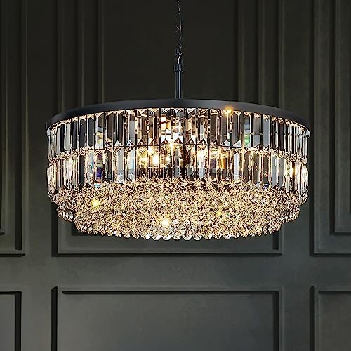 5 Lights 24 Inch Modern Glam Chandelier in Matte Black Round Teardrop Crystal
