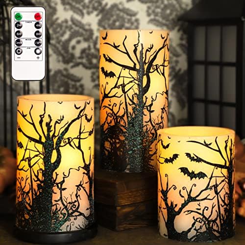 Halloween Flameless Candles Set of 3 Black Bat Decal LED Pillar Candles