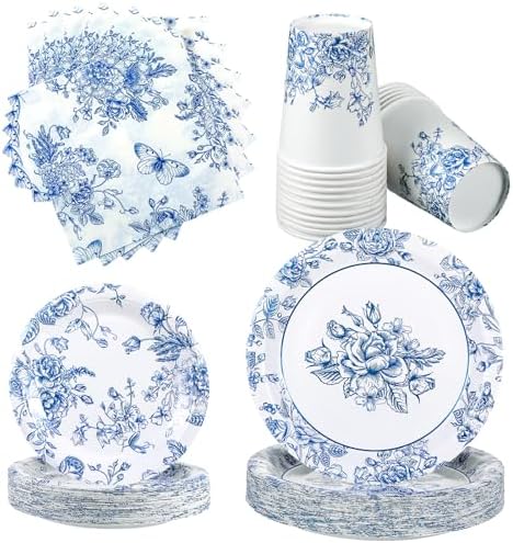 Nitial 200 Piece Blue and White Flower Disposable Tableware Set