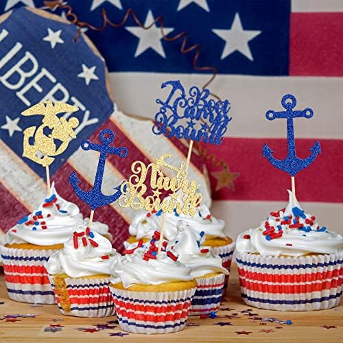 24Pcs Military Themed Cupcake Toppers with Glitter and Navy Design