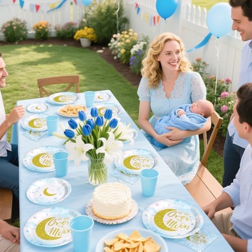 Grencian 96 Pcs Pastel Blue Moon Baby Shower Plates Set
