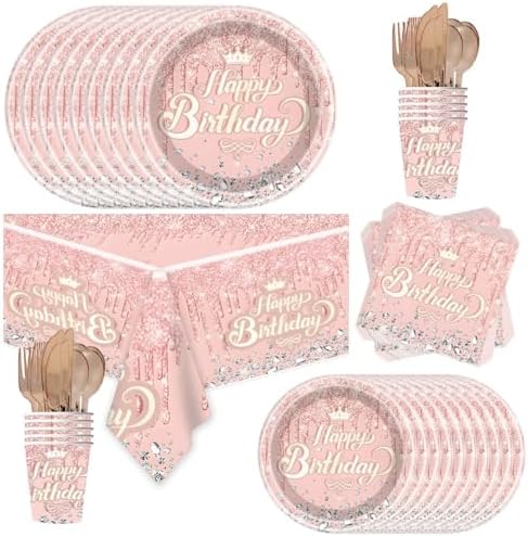 81Pcs Pink Diamond Tableware Set for Birthday Parties