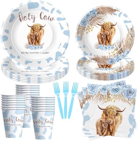 Highland Cow Baby Shower Tableware Set 24pcs Blue Boho Style