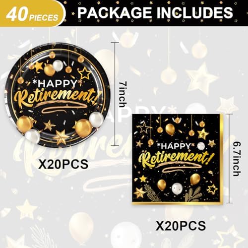 40pcs Retirement Party Tableware Set with Black and Gold Plates and Napkins