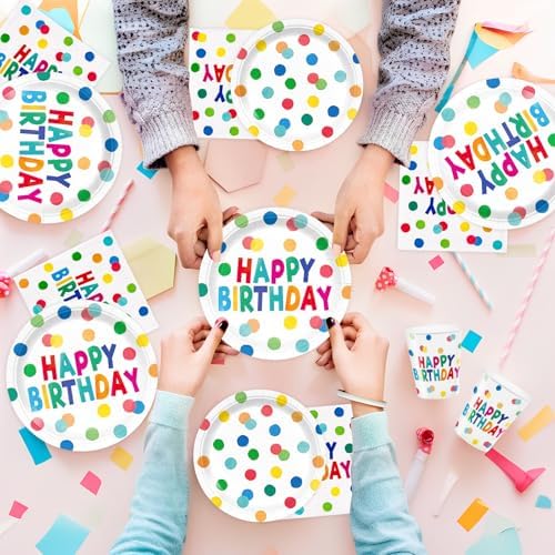 96pcs Happy Birthday Plates Napkins with Polka Dots