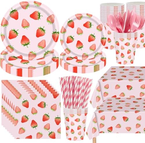 452 Pcs Strawberry Party Decor Set Plates Napkins Cups