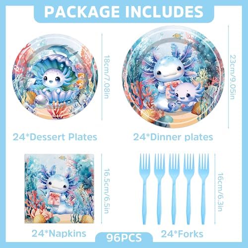 Blue Axolotl Themed Party Plates Set of 96 for 24 Guests