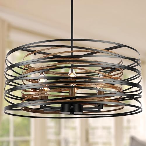 236 Inch Rustic Drum Chandelier with Black Wood Texture Interior