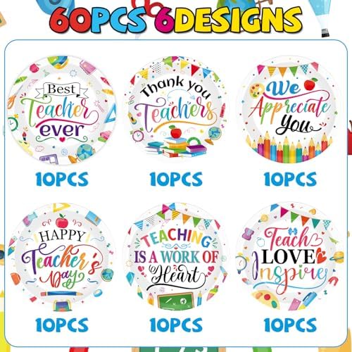 60Pcs Thank You Teacher Paper Plates for Party Supplies