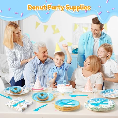 Blue Donut Themed Baby Shower Tableware Set 96Pcs