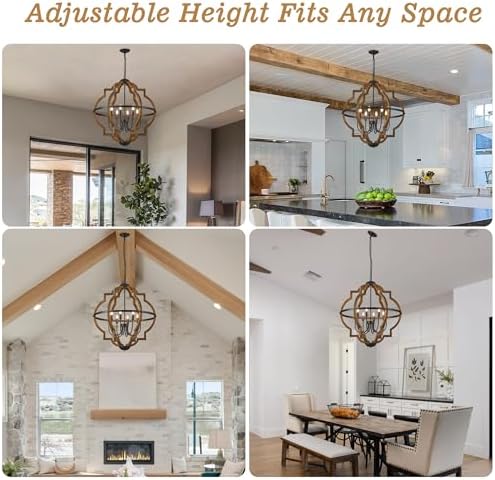 8-Light Farmhouse Wood Pendant Light with Adjustable Height