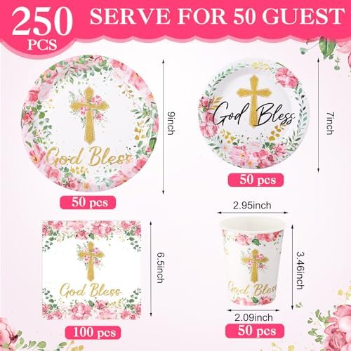 Pickmesh 250 Pcs Pink Baptism Cross Disposable Tableware Set