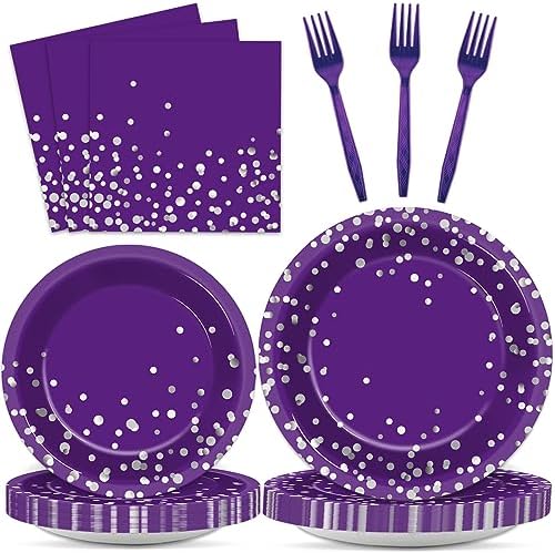 96 Pcs Purple Silver Dot Party Plates Napkins Set for 24 Guests