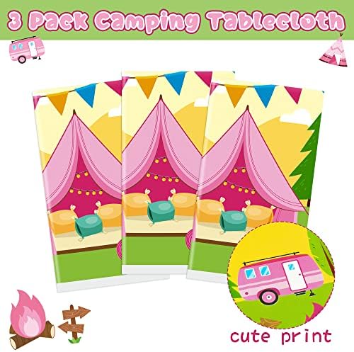 Pink Camping Plastic Tablecloths 3-Pack for Parties