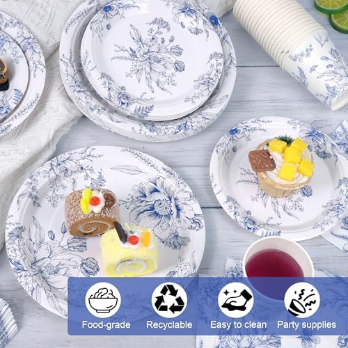 Kochorie 96 Piece Blue and White Floral Disposable Party Plates