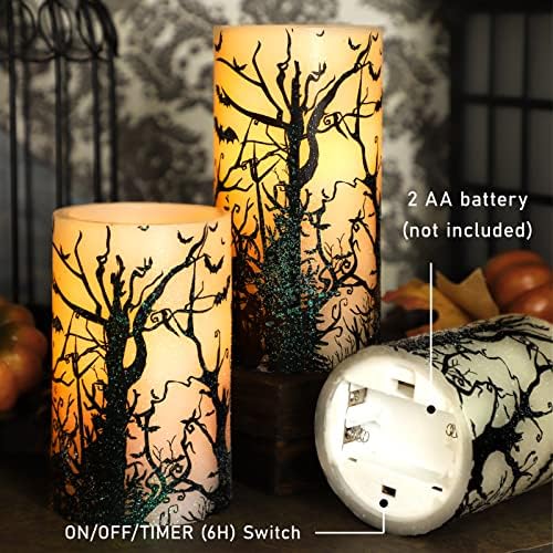 Halloween Flameless Candles Set of 3 Black Bat Decal LED Pillar Candles