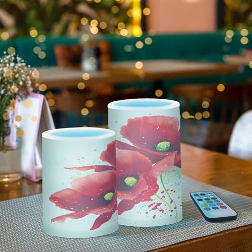 Red Poppies Flameless Candles with Remote Timer Set of 2
