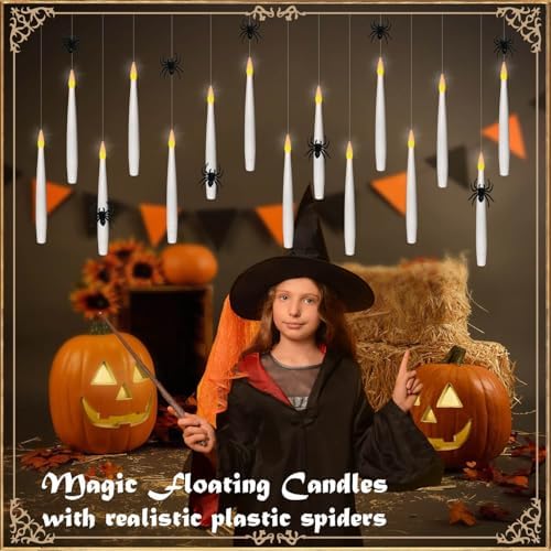 Floating Candles with Magic Wand Remote and Realistic Halloween Plastic Spiders