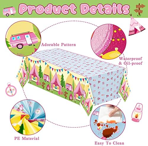 Pink Camping Plastic Tablecloths 3-Pack for Parties