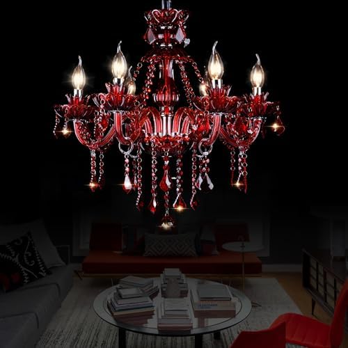 Red 6 Lights Crystal Chandelier with E12 Base