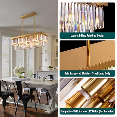 Siljoy 10 Lights Gold Rectangular Chandelier 2 Tiers Crystal Flush Mount Ceiling Light