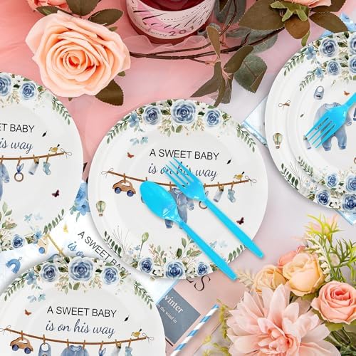 Baby Shower Plates Cups Napkins Set 50 Pack Blue Greenery